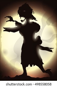 Poster with a magnificent view of the full moon night with glows, ashes and a female zombie rising from her grave on apocalyptic Halloween night.