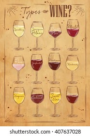 Plakatsorten für Schaumwein, Sauvignon blanc, Pinot noir, Merlot, Rose, Zinfandel, Bordeaux, Chardonnay, Viognier, Cabernet, süß, bordeauxfarbene Zeichnung im Vintage-Stil auf Kraftkraft.