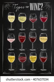 Poster main types of wine sparkling, sauvignon blanc, pinot noir, merlot, rose, zinfandel, bordeaux, chardonnay, viognier, cabernet, sweet, burgundy in vintage style drawing with chalk on chalkboard.