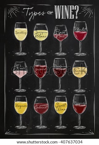 Poster main types of wine sparkling, sauvignon blanc, pinot noir, merlot, rose, zinfandel, bordeaux, chardonnay, viognier, cabernet, sweet, burgundy in vintage style drawing with chalk on chalkboard.