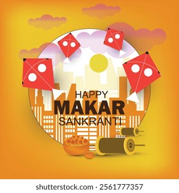 Poster of Makar Sankranti festival. Indian Hindu traditional festival of kites flying