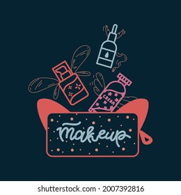 Poster with Makeup Tools. Illustration of care cosmetics with a purse. A poster for a spa and beauty salon with the inscription Makeup. Vector illustration