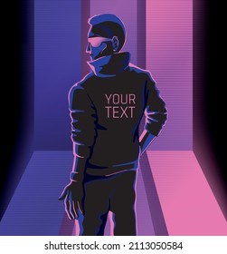 poster with male character in new retro wave style with colorful lines