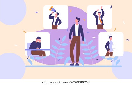 Poster with male chracter having his mood changed with various emotions. Concept of facial expression with different personality behaviors and reactions. Flat cartoon vector illustration