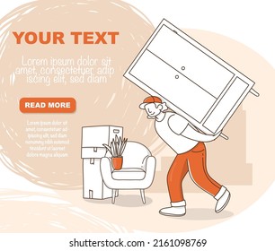 Poster with a male loader carrying a heavy cabinet during the move to a new house and a place for your text. Vector illustration in doodle style