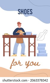 Poster with male shoemaker in shoe workshop is packing new pair of shoes into boxes in flat vector illustration isolated on white background. Manufacture of footwear, craft workshop, handmade shoes