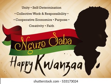 Poster with man and Africa silhouette, traditional flag and the Seven Principles of African Heritage (or Nguzo Saba) of Kwanzaa celebration.