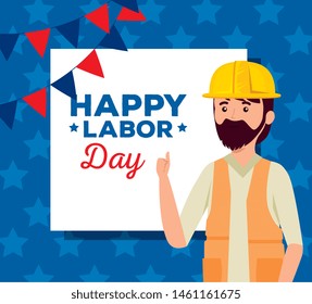 poster of man builder with helmet and party banner