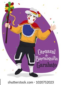 Poster with man disguised as traditional "Garabato" character, holding a wand and celebrating Barranquilla's Carnival (written in Spanish) under a confetti shower.