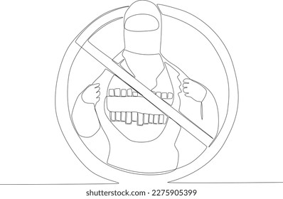 Un afiche de un hombre prohibido de esconder una bomba. Dibujo de la primera línea del día de la lucha contra el terrorismo