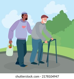 afiche del hombre ayudando al anciano