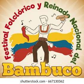 Poster with man and his hat and red kerchief celebrating Bambuco Pageant and Folkloric Festival (written in Spanish) in Colombia.