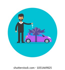 Poster with man, key, machine and ribbon. Car gift concept or presentation of  auto for sale, rent,. Flat vector illustration.