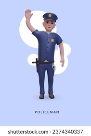 Poster with man raises his hand and greets. Policeman in costume, with sheriff star in realistic 3d style. Justice and law concept. Vector illustration with blue background