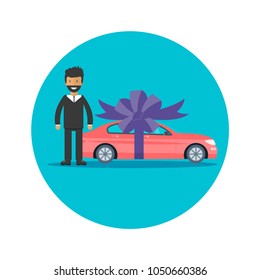 Poster with man red machine and ribbon. Car gift concept or presentation of  auto for sale, rent,. Flat vector illustration.