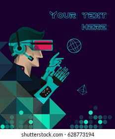 Poster Of A Man With Virtual Reality Glasses And Technology Symbols Vector 