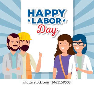 poster of man and woman doctors with builder and businesswoman