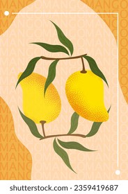 Afiche con el concepto de mango. Frutos jugosos tropicales y exóticos. Volante, folleto y folleto. Comer sano con vitaminas. Producto natural y orgánico. Dibujo vectorial plano de dibujos animados