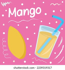Poster mango and smoothie flat design with doodle elements on the background. Illustration for booklets and menus with doodle elements on the background.