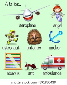 Poster of many words begins with letter A illustration