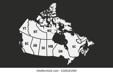 Poster map of Canada with short provinces and territories names. Canadian background. Vector illustration