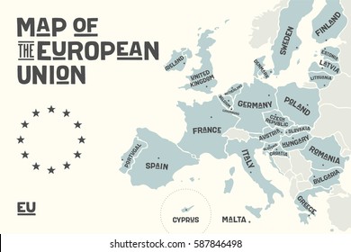Poster map of the European Union with country names and capitals. Print map of EU for web and polygraphy, on business, ecomomic, political, Brexit and geography themes. Vector Illustration