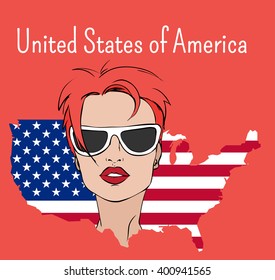 Poster with map, flag and pretty girl - USA