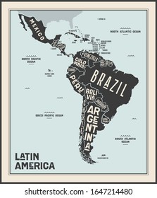 Mapa de afiches de Latinoamérica. Mapa impreso en blanco y negro de América Latina para pantalones, afiche o temas geográficos. Mapa gráfico hecho a mano con los países.  Ilustración vectorial