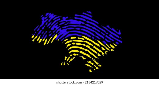 Poster with a map of Ukraine on a black background in blue and yellow colors with a fingerprint pattern. Poster in support of Ukraine. Vector illustration EPS 10