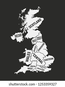 Poster Map Of United Kingdom Map. UK With Country And Regions Names. United Kingdom Background. Vector Illustration