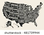 Poster map of United States of America with state names. Black and white print map of USA for t-shirt, poster or geographic themes. Hand-drawn black map with states. Vector Illustration