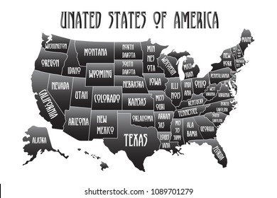 Poster map of United States of America with state names. Black and white print map of USA for t-shirt, poster or geographic themes. Hand-drawn black map with states. Vector Illustration