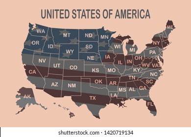 Poster map of United States of America with state on the white background. Print map of USA for t-shirt, poster or geographic themes. Vector Illustration