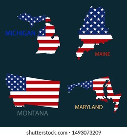 Poster map of United States of America with state names. Flag print map of USA for geographic themes. Hand-drawn map with states.