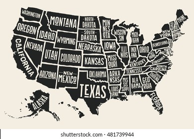 Poster map of United States of America with state names. Black and white print map of USA for t-shirt, poster or geographic themes. Hand-drawn black map with states. Vector Illustration