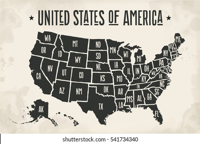 Poster map of United States of America with state names. Black and white print map of USA for t-shirt, poster or geographic themes. Hand-drawn font and black map with states. Vector Illustration