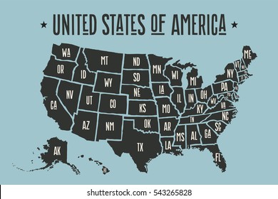 Poster map of United States of America with state names. Black print map of USA for t-shirt, poster or geographic themes. Hand-drawn map with states. Vector Illustration