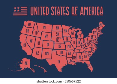 Poster map of United States of America with state names. Print map of USA for t-shirt, poster or geographic themes design. Hand-drawn map with states. Vector Illustration