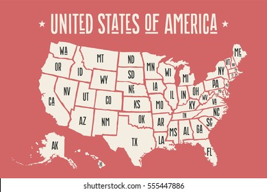 Poster map of United States of America with state names. Print map of USA for t-shirt, poster or geographic themes design. Hand-drawn map with states. Vector Illustration