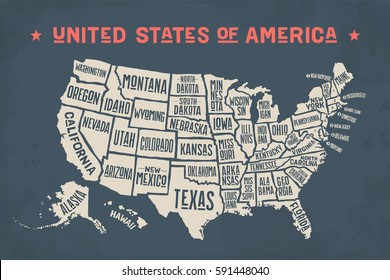 Poster map of United States of America with state names. Black and white print map of USA for t-shirt, poster or geographic themes. Hand-drawn black map with states. Vector Illustration