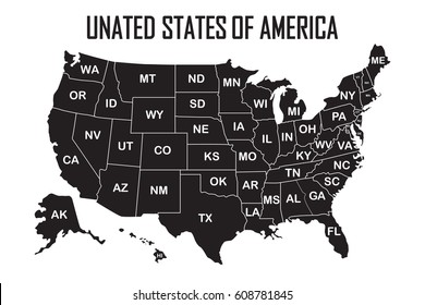 Poster map of United States of America with state names on the white background. Black and white print map of USA for t-shirt, poster or geographic themes. Vector Illustration