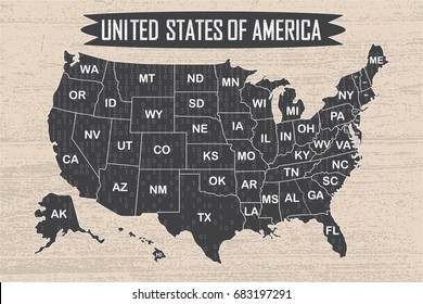 Poster map of United States of America with state names and binary code. Black and white print map of USA for t-shirt, poster or geographic themes. Hand-drawn font and black map with states. Algorithm