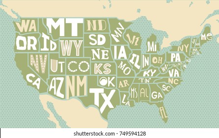 Poster Map of United States of America with State Names. Print Map of USA for T-shirt, Poster or Geographic themes. Hand-drawn Map with States Name. Vector Illustration