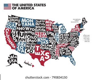 Poster map of United States of America with state names. Black,Red, Blue and White print map of USA for t-shirt, poster or geographic themes. Hand-drawn black map with states. Vector Illustration