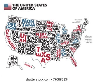 Poster map of United States of America with state names. Black,Red, Blue and White print map of USA for t-shirt, poster or geographic themes. Hand-drawn black map with states. Vector Illustration.