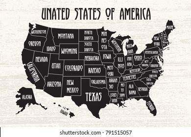 Poster map of United States of America with state names. Black and white print map of USA for t-shirt, poster or geographic themes. Hand-drawn font and black map with states. Algorithm binary, data co