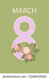 Afiche del 8 de marzo con una flor rosa y la fecha del 8 de marzo.
