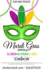 Poster for Mardi Gras carnival on a white background. Mask for a masquerade. Luxurious mask with colorful feathers. DJ name. Festive flyer. Invitation card to the club. Vector illustration