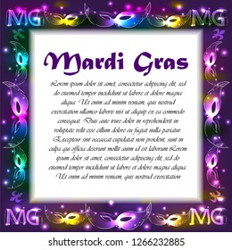 Poster for Mardi Gras Holiday with place for your text. Mystical background with bright gradients. Masks with luminous dots.
