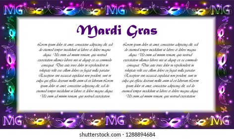 Poster for Mardi Gras Holiday with place for your text. Mystical background with bright gradients. Masks with luminous dots.